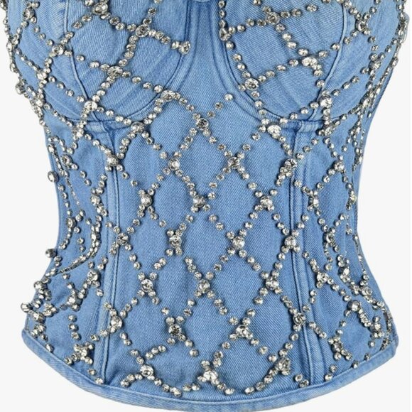 Women's Denim Rhinestone Corset Top - Picture 3 of 8
